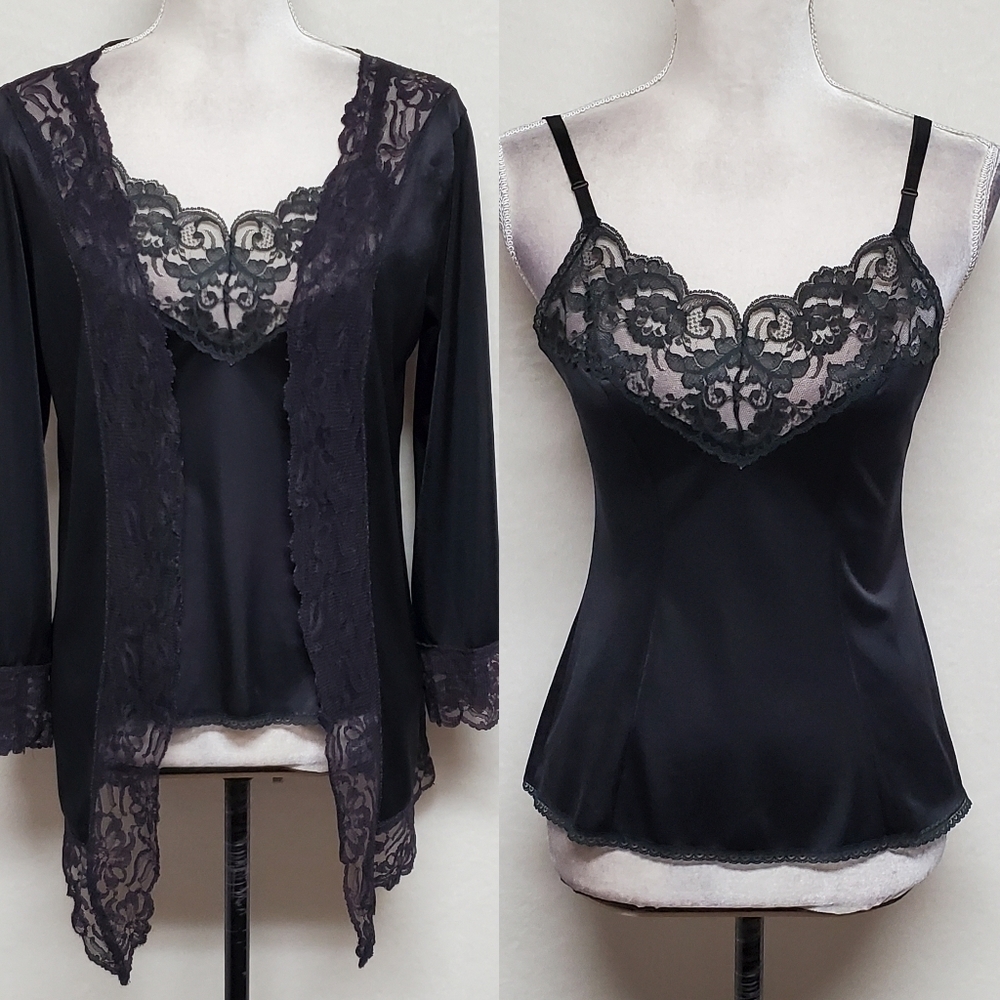 60s Vintage ILGWU Undercover Wear Black Lace Mini Robe V-neck Camisole Set M